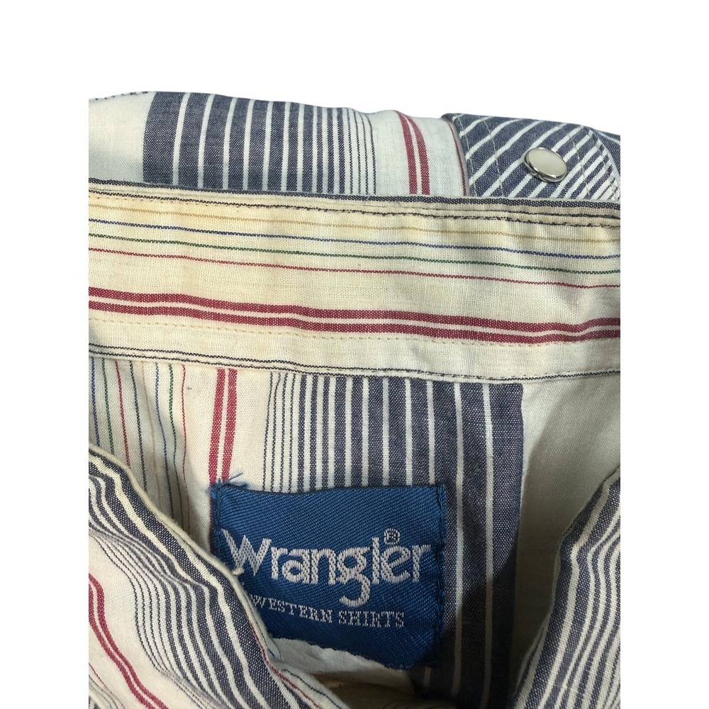 VTG Wrangler Western Pearl Snap Shirt Striped Red Cream Blue 2XL Yoke Americana - Picture 16 of 16